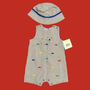 Little Me Woven Sunsuit w Hat NWT Nautical Blue Summer Stripes & Rainbow Fish